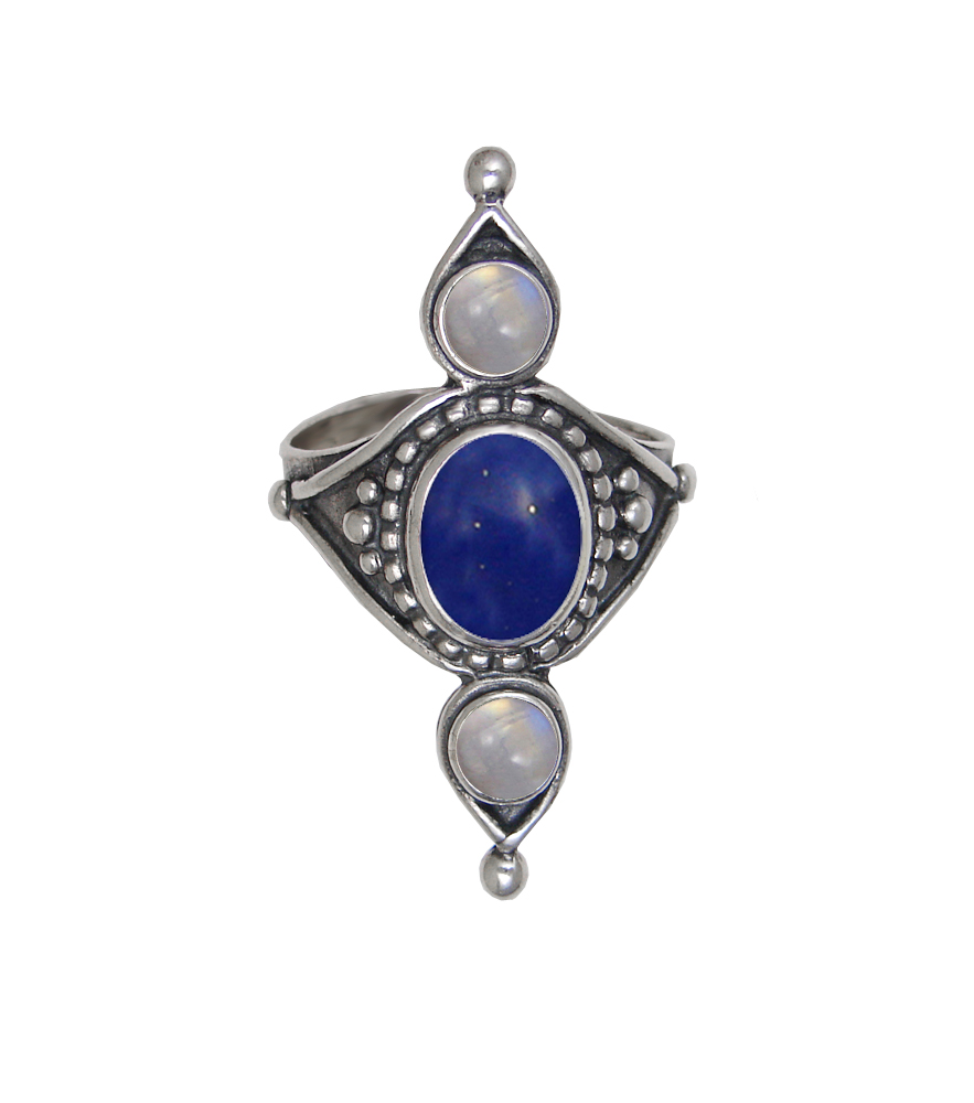 Sterling Silver Royal Ring With Lapis Lazuli And Rainbow Moonstone Size 7